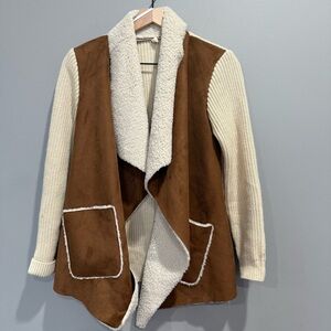 Anthropologie Moth Sherpa Moto Faux Suede Open Front Vest Cardigan Sz XS